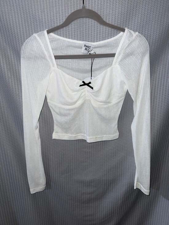 Princess Polly Tops - Princess Polly White Long Sleeve Ribbed Bow Detail Crop Top Size XS